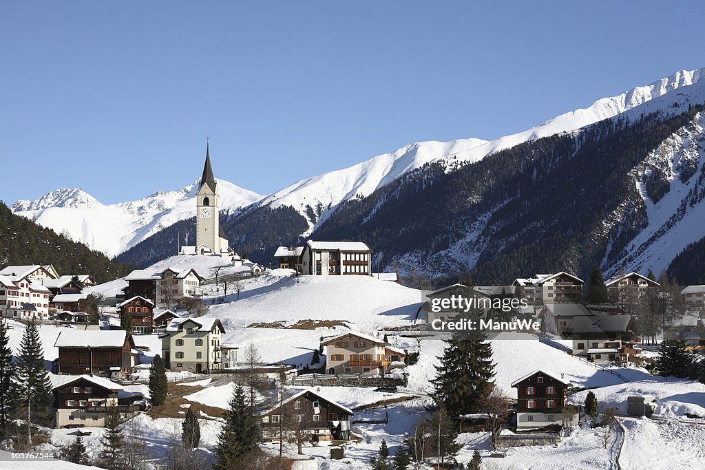 Mountain Village in Winter Alps near Davos