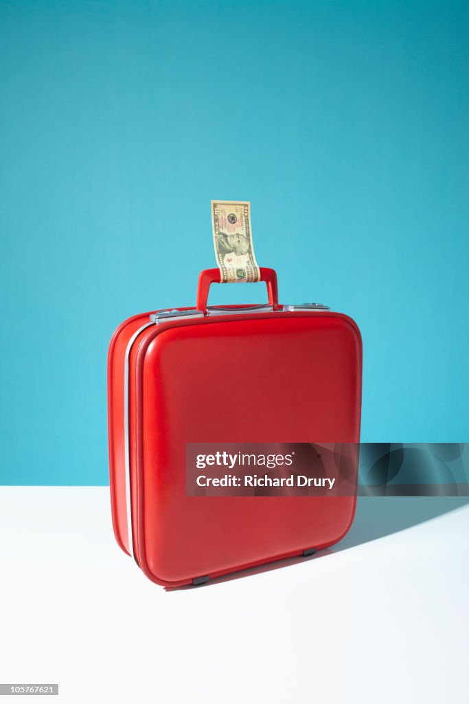 Suitcase with ten dollar bill as luggage label