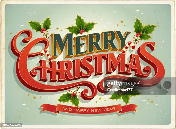 ilustraciones, imágenes clip art, dibujos animados e iconos de stock de tarjeta de navidad retrò con feliz navidad letras - texto