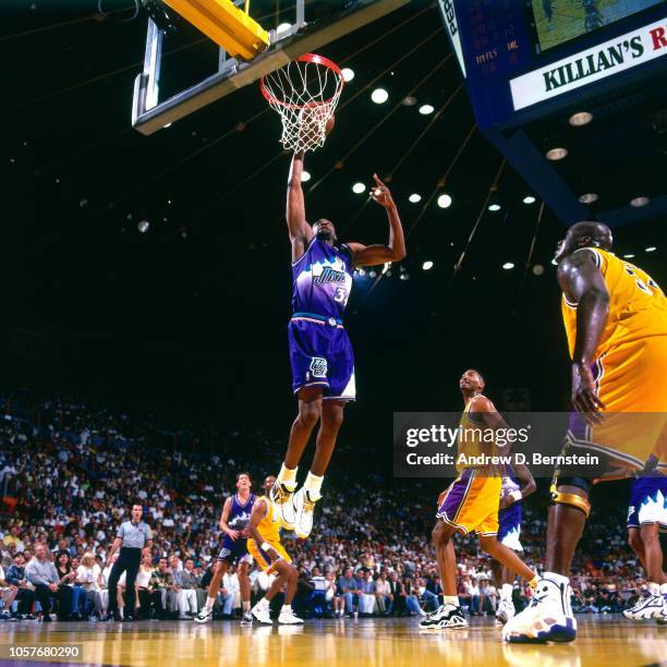 Chris Morris of the Utah Jazz shoots during Game Four of the Western Conference Semifinals as part of the 1997 NBA Playoffs on May 10, 1997 at the...