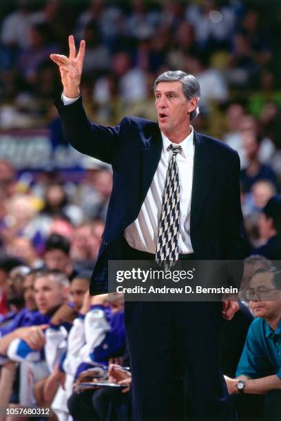 Utah Jazz head coach Jerry Sloan calls a play during Game Four of the Western Conference Semifinals as part of the 1997 NBA Playoffs on May 10, 1997...