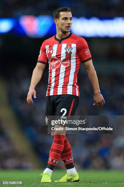Cedric Soares of Southampton looks on during the Premier League match between Manchester City and Southampton at the Etihad Stadium on November 4,...