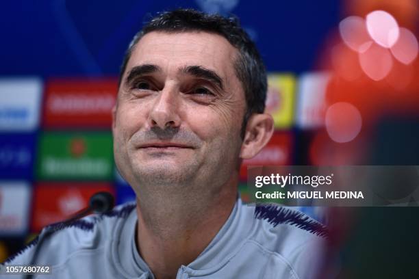 Barcelona's Spanish head coach Ernesto Valverde speaks during a press conference on November 5, 2018 at San Siro stadium, on the eve of the UEFA...