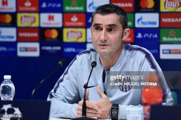 Barcelona's Spanish head coach Ernesto Valverde speaks during a press conference on November 5, 2018 at San Siro stadium, on the eve of the UEFA...