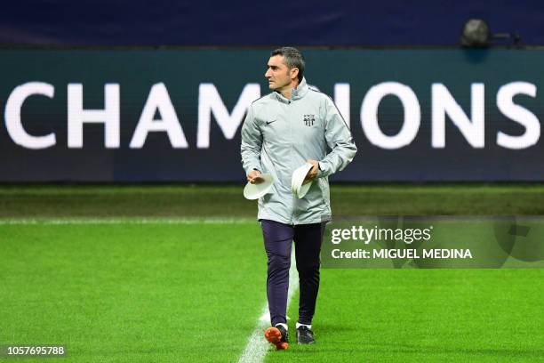 Barcelona's Spanish coach Ernesto Valverde supervises a training session on November 5, 2018 at San Siro stadium, on the eve of the UEFA Champions...