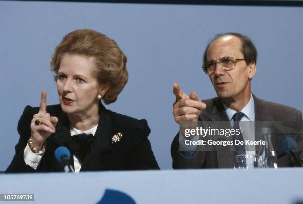 British Prime Minister Margaret Thatcher and Conservative Party Chairman Norman Tebbit, campaigning on the eve of the UK general election, 10th June...