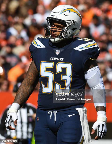 Center Mike Pouncey of the Los Angeles Chargers on the field in the first quarter of a game against the Cleveland Browns on October 14, 2018 at...