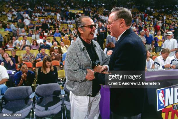 Jack Nicholson and Bill Sharman greet each other during Game Three of the Western Conference Semifinals as part of the 1997 NBA Playoffs on May 8,...
