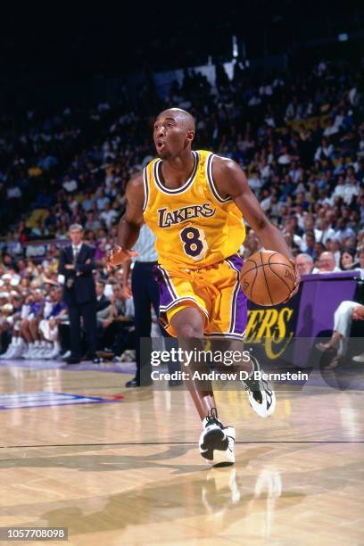 Kobe Bryant of the Los Angeels Lakers dribbles during Game Three of the Western Conference Semifinals as part of the 1997 NBA Playoffs on May 8, 1997...