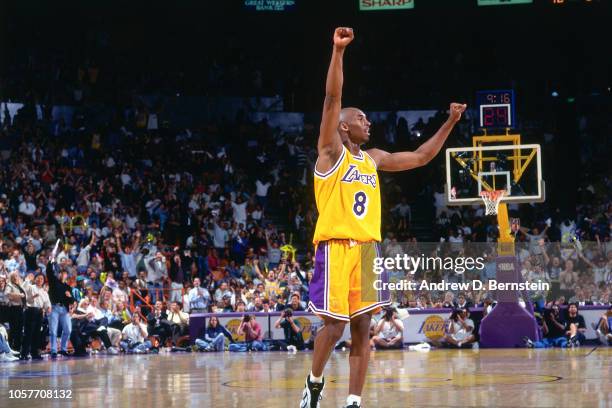 Kobe Bryant of the Los Angeles Lakers celebrates during Game Three of the Western Conference Semifinals as part of the 1997 NBA Playoffs on May 8,...