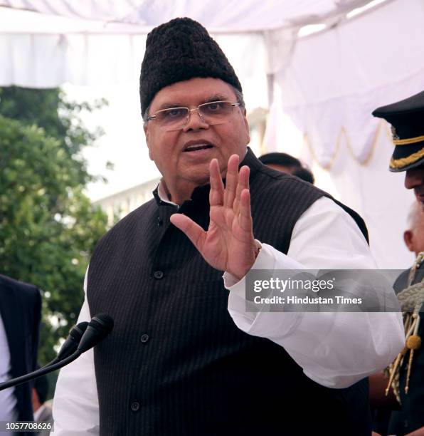 Jammu and Kashmir Governor Satya Pal Malik speaks on the first day of the re-opening of the Civil Secretariat following the annual 'Darbar Move' on...