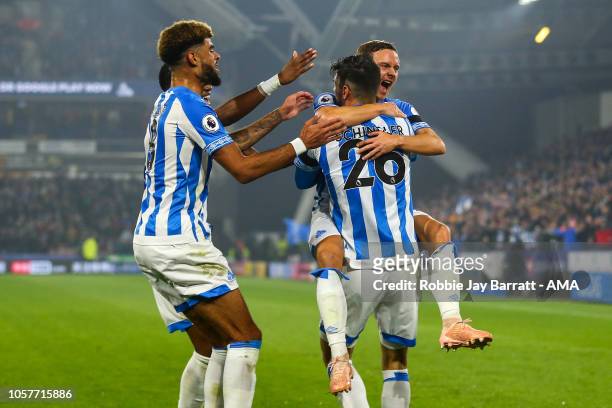 Christopher Schindler of Huddersfield Town celebrates after scoring a goal to make it 1-0 during the Premier League match between Huddersfield Town...