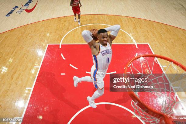 Russell Westbrook of the Oklahoma City Thunder dunks the ball against the Washington Wizards on November 2, 2018 at Capital One Arena in Washington,...