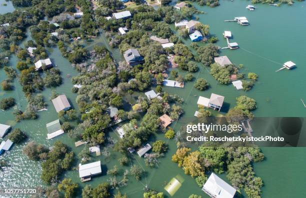 Aerial drone view entire Neighborhood under water near Austin , Texas