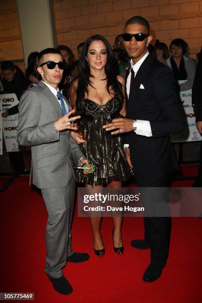 Dino "Dappy" Contostavlos, Tula "Tulisa" Contostavlos and Richard "Fazer" Rawson of N-Dubz arrive at the MOBO Awards 2010 held at The Echo Arena on...