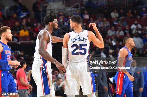Ben Simmons talks with Joel Embiid of the Philadelphia 76ers during the game against the Detroit Pistons on November 3, 2018 at the Wells Fargo...