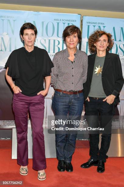Christine Angot,Catherine Corsini and Elisabeth Perez attend "Un Amour Impossible" Paris Premiere at UGC Cine Cite des Halles on November 5, 2018 in...