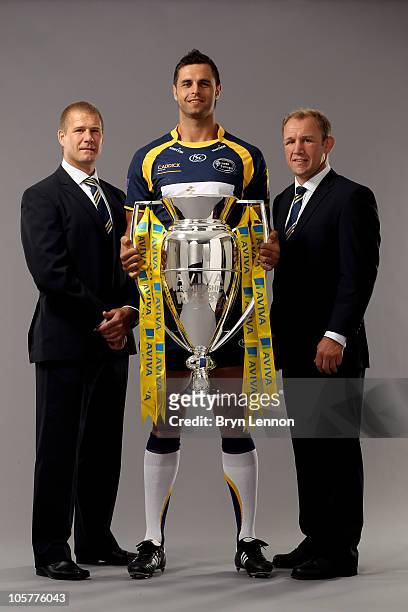 Leeds Carnegie Director of Rugby Andy Key captain Marco Wentzel and Head Coach Neil Back pose with the Aviva Premiership Trophy during the Aviva...