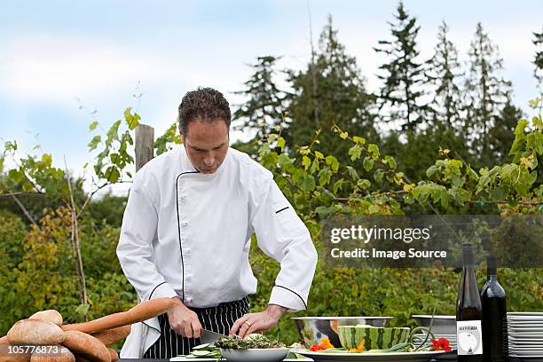 chef preparar a refeição ao ar livre - chef table imagens e fotografias de stock