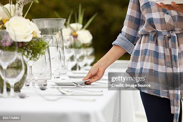 femme préparant une table pour dîner dans un champ - mettre la table photos et images de collection