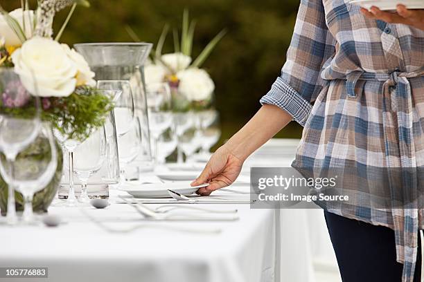 woman preparing table for dinner party in a field - setting the table stock pictures, royalty-free photos & images