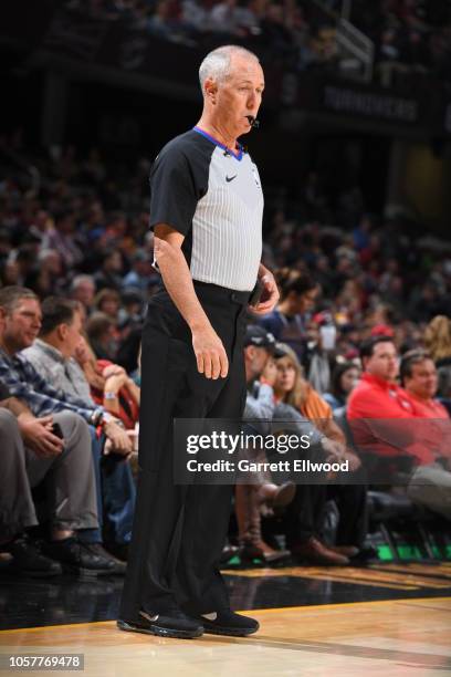 Referee Jason Phillips looks on during the game between the Denver Nuggets and Cleveland Cavaliers on November 1, 2018 at the Quicken Loans Arena in...