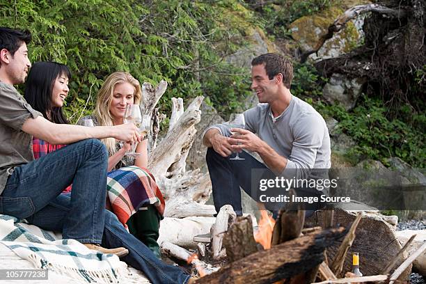 four young people sitting around campfire - british columbia beach stock pictures, royalty-free photos & images