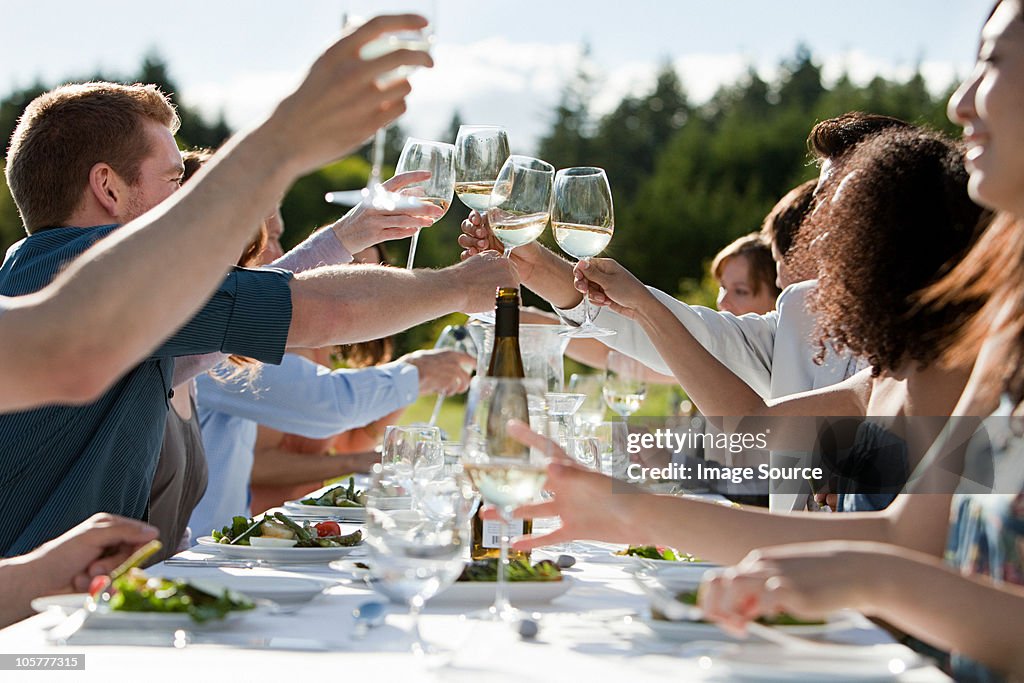 People toasting wine glasses at outdoor dinner party