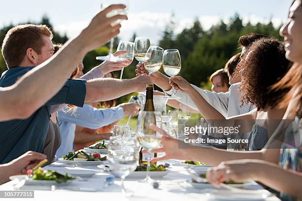 people toasting wine glasses at outdoor dinner party - table wine food stock pictures, royalty-free photos & images