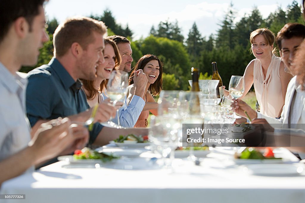 People enjoying outdoor dinner party