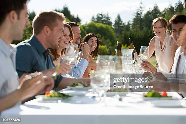 people enjoying outdoor dinner party - canada wine stock pictures, royalty-free photos & images