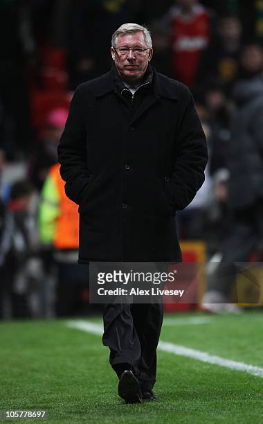 Sir Alex Ferguson manager of Manchester United looks thoughtful as he walks to the bench prior to the UEFA Champions League Group C match between...