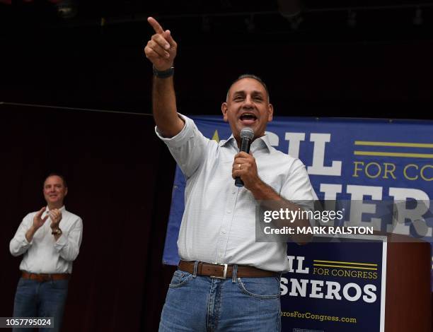 Democratic Party candidate Gil Cisneros campaigns for the United States House of Representatives to represent California's 39th congressional...