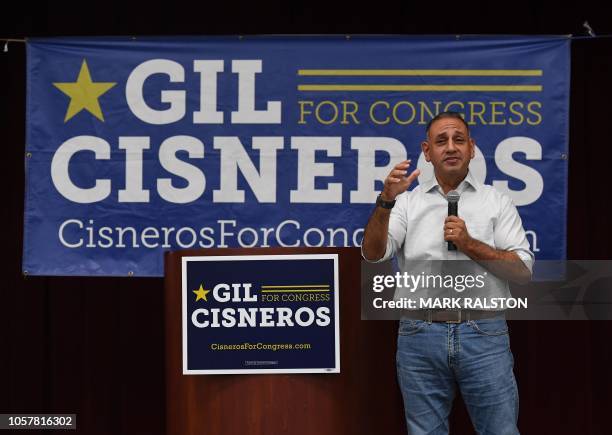 Democratic Party candidate Gil Cisneros campaigns for the United States House of Representatives to represent California's 39th congressional...