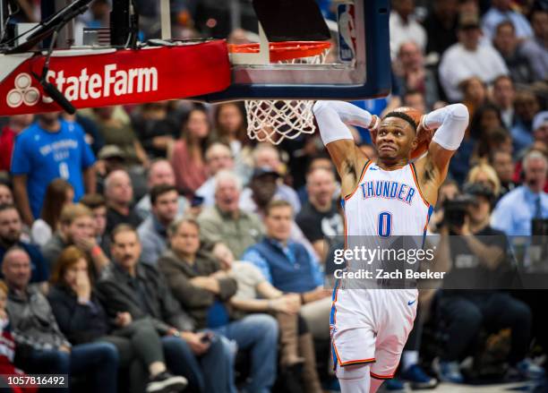 Russell Westbrook of the Oklahoma City Thunder dunks the ball against the Washington Wizards on November 2, 2018 at Capital One Arena in Washington,...