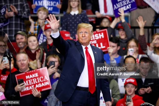 President Donald Trump arrives at a campaign rally for Republican Senate candidate Mike Braun at the County War Memorial Coliseum November 5, 2018 in...