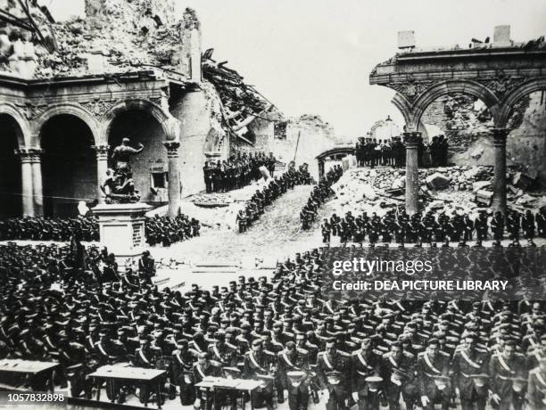 Cadets from the Francoist army swearing allegiance in the Alcazar after it was destroyed by bombing Toledo, Spain, Spanish Civil War, 20th century.