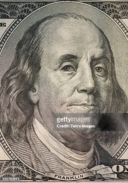 benjamin franklin on one hundred dollar bill - ben franklin stock pictures, royalty-free photos & images