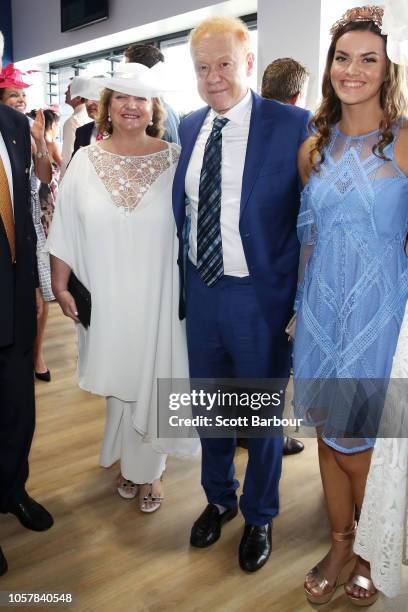 Gina Rinehart and Anthony Pratt pose in the TAB Marquee on Melbourne Cup Day at Flemington Racecourse on November 6, 2018 in Melbourne, Australia.