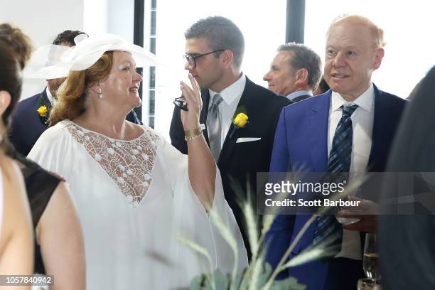 Gina Rinehart and Anthony Pratt speak in the TAB Marquee on Melbourne Cup Day at Flemington Racecourse on November 6, 2018 in Melbourne, Australia.