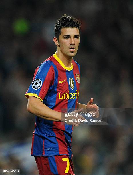 David Villa of Barcelona looks on during the UEFA Champions League group D match between Barcelona and FC Copenhagen at the Camp nou stadium on...