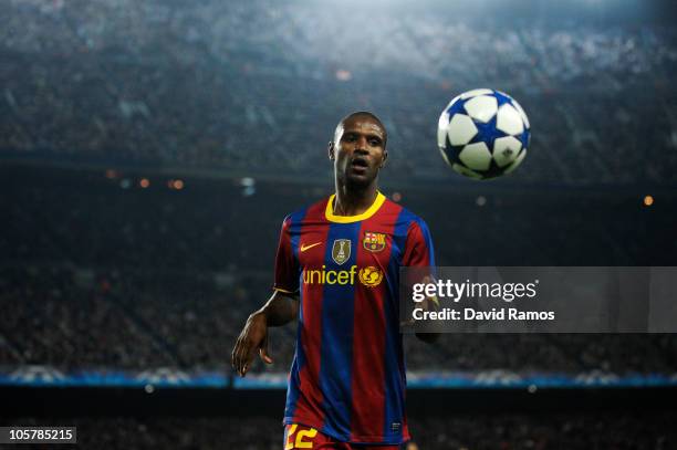 Eric Abidal of Barcelona runs to catch the ball during the UEFA Champions League group D match between Barcelona and FC Copenhagen at the Camp nou...