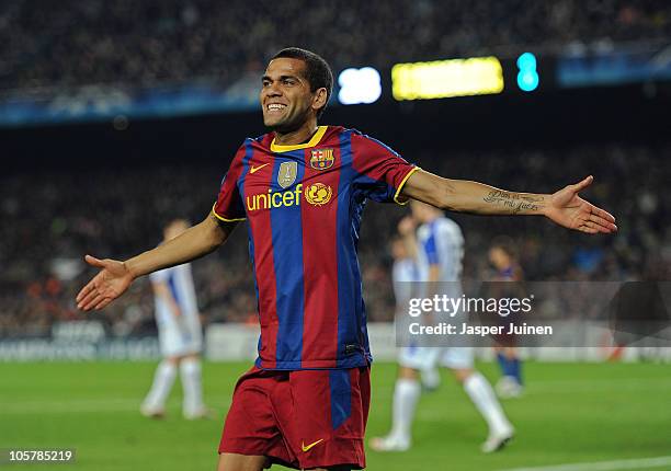 Daniel Alves of Barcelona reacts during the UEFA Champions League group D match between Barcelona and FC Copenhagen at the Camp Nou stadium on...