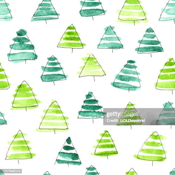 abstract christmas trees seamless pattern design on white paper card with simple spontaneous painted polygons filed by watercolour thick horizontal lines in shades of green color - polygon illustration christmas stock illustrations