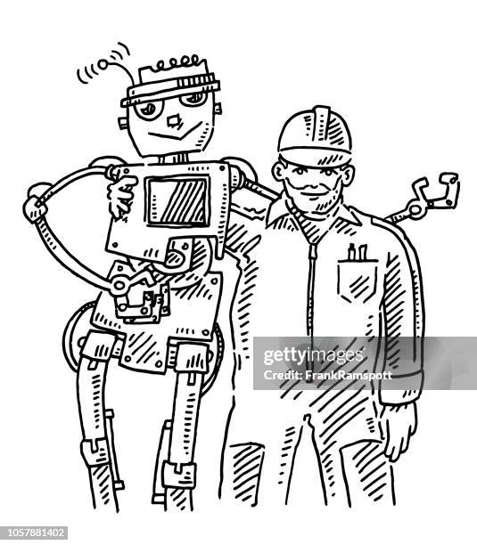 teamwork man and robot drawing - friendly robot stock illustrations