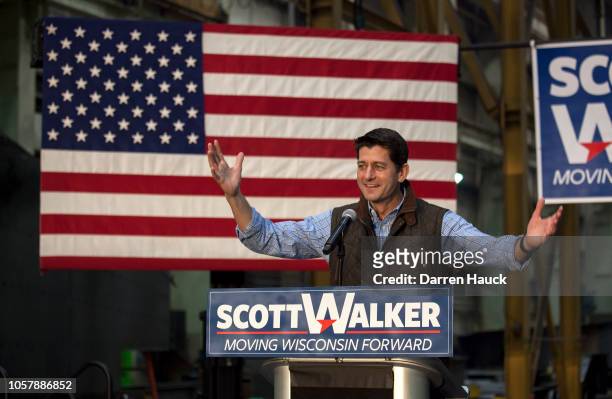 House Speaker Paul Ryan speaks at a rally held by Governor Scott Walker for a last minute get out the vote event the night before the midterm...
