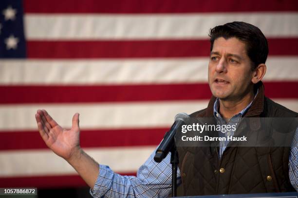 House Speaker Paul Ryan speaks at a rally held by Governor Scott Walker for a last minute get out the vote event the night before the midterm...