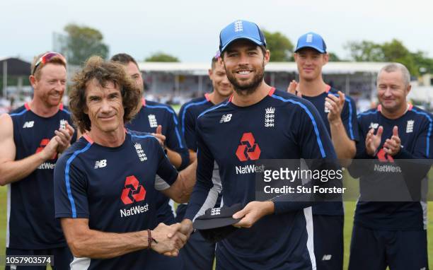 England debutant Ben Foakes receives his cap off Bruce French before Day One of the First Test match between Sri Lanka and England at Galle...
