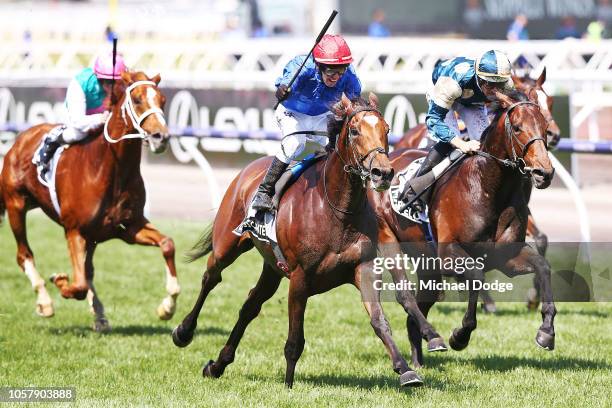 Jockey Kerrin McEvoy riding Cross Counter wins race 7 the Lexus Melbourne Cup during Melbourne Cup Day at Flemington Racecourse on November 6, 2018...