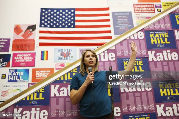 Democratic Congressional candidate Katie Hill speaks to supporters at a canvass launch in California's 25th Congressional district on November 5,...